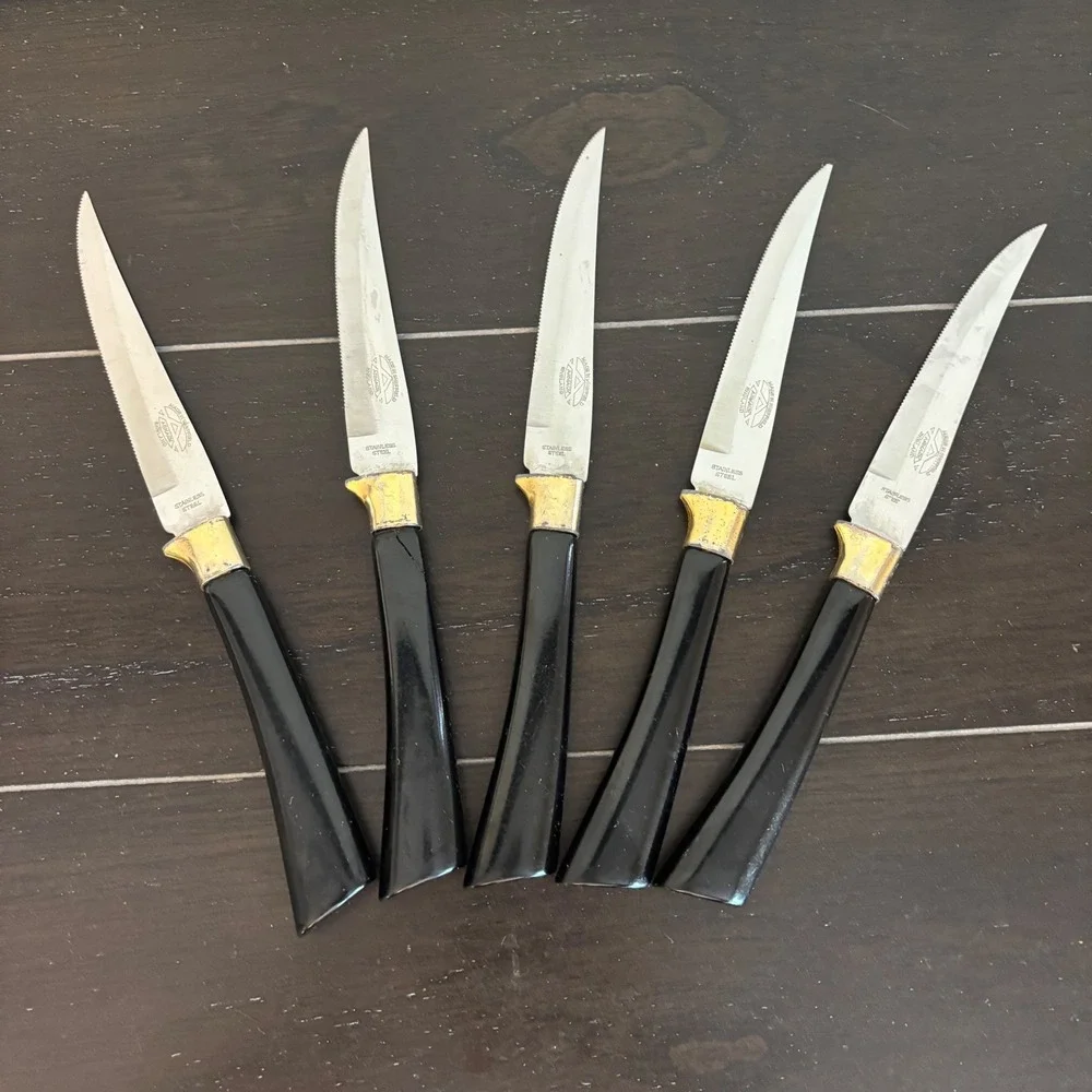 Vintage Armack Sheffield‎ England Steak Knife Set 5pc Black Gold Stainless Steel